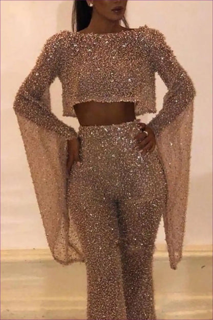 Sequin Crop Top and Trousers Set with Cape Sleeves - Statement Glam for co Ord, Crop, Evening Wear, Formal