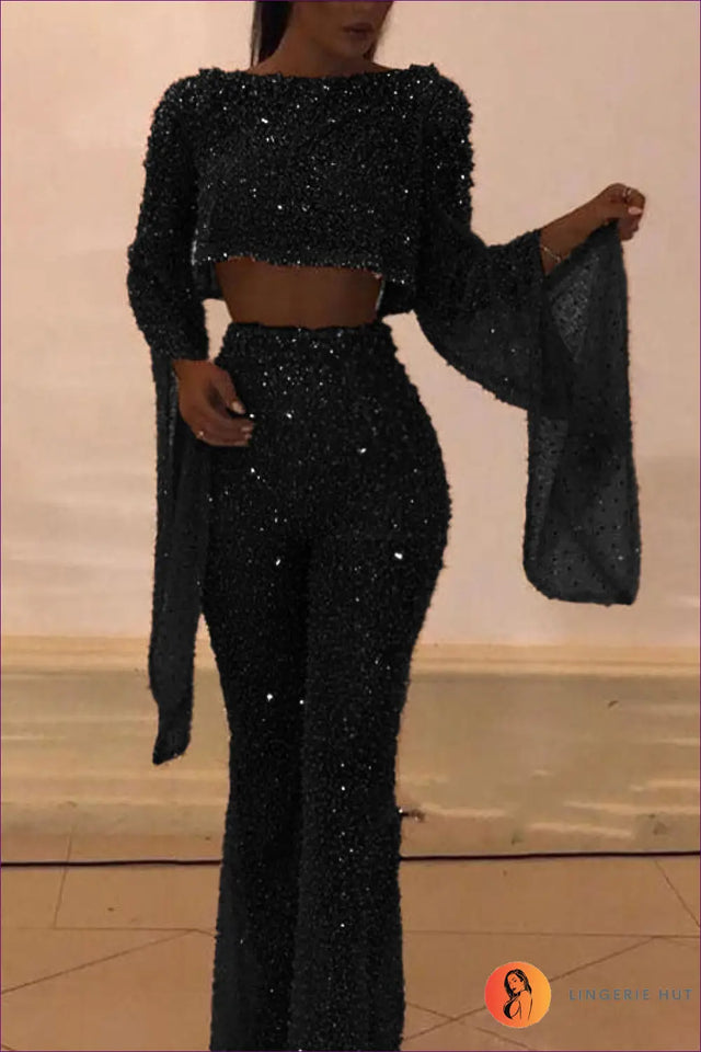 Sequin Co Ord Set with Cape Sleeves - Statement Glamour