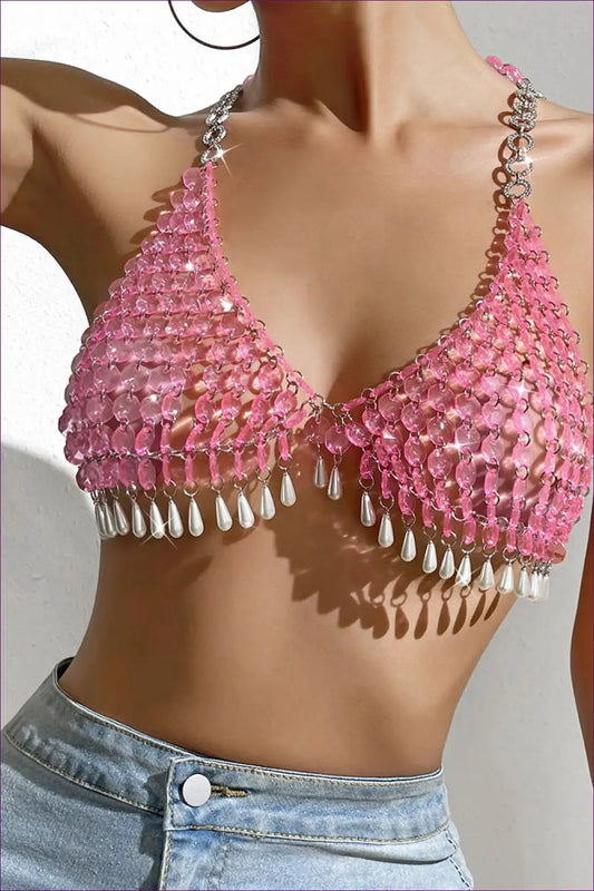 Sequin Cropped Halter Top - Summer Night Glamour - one Size / Pink - Crop - Shirts & Tops - Lingerie Hut - Clubwear