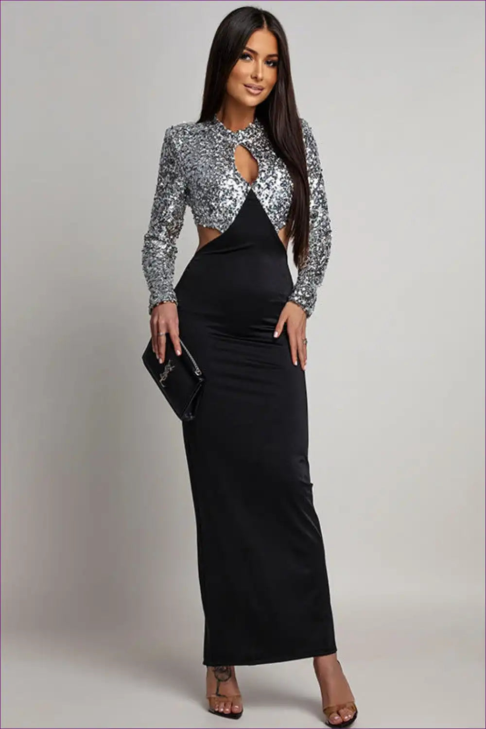 Sequin Cutout Maxi Dress with Elegant Split Evening Design for Cutout, Date Night, Evening Wear, Formal