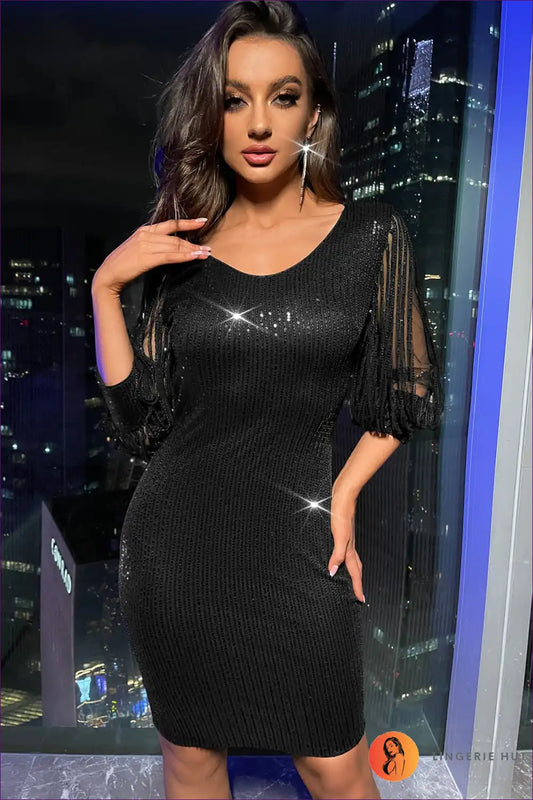 Sequin Dress with Balloon Sleeves - Night out Glamour for All Season, Bodycon, Clubwear, Dress, Evening Wear