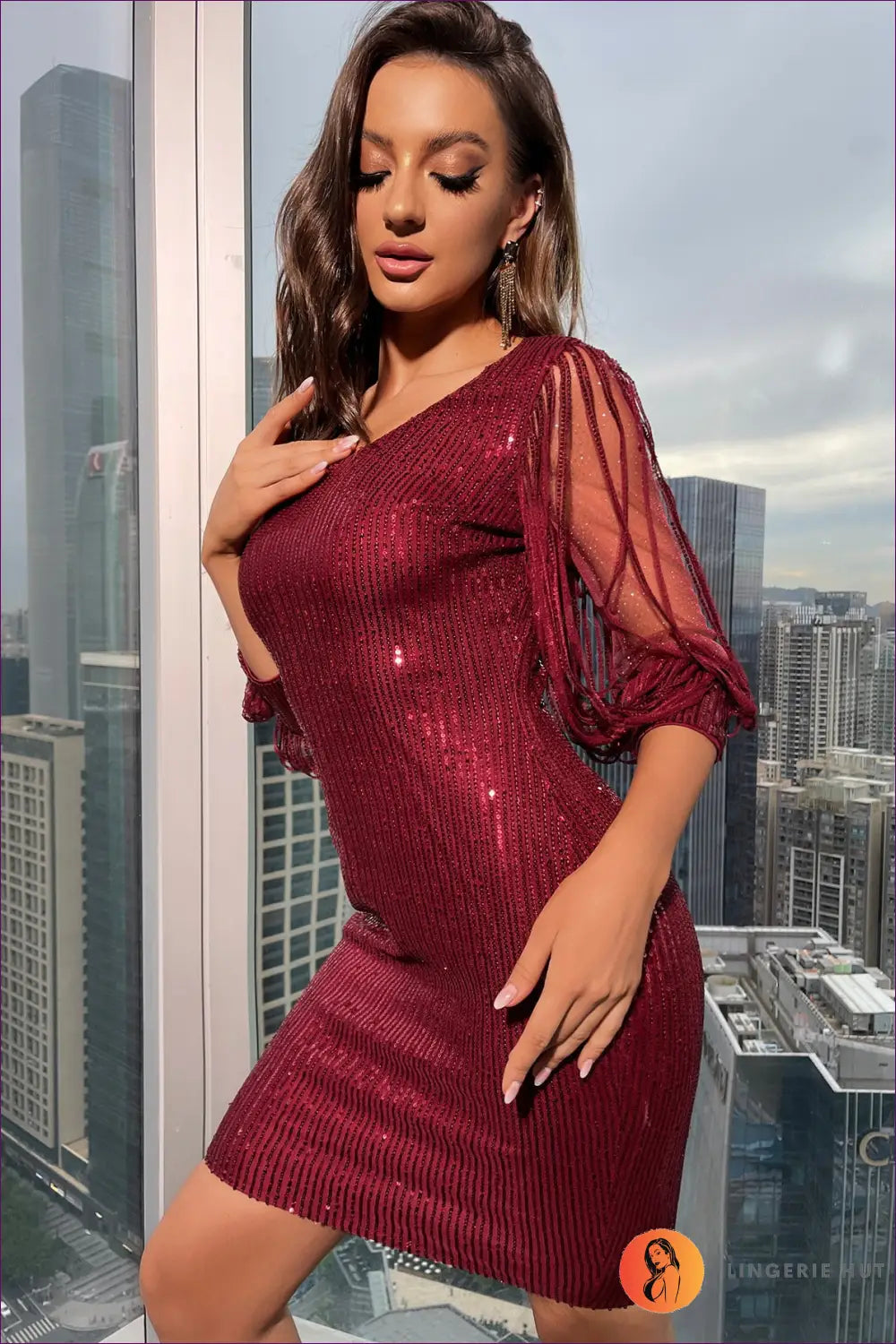 Sequin Mini Bodycon Dress - Night out Glamour - s / Burgundy - Dresses - Lingerie Hut - All Season • Clubwear • Evening