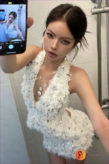 Sequin Feather Mini Dress with Halter Neck - Glamour for Backless, Bodycon, Evening Wear, Glamour, Halter