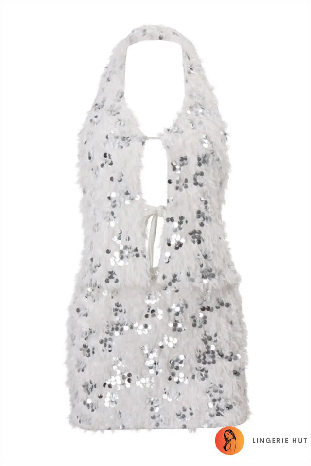 Sequin Feather Mini Dress with Halter Neck - Glamour