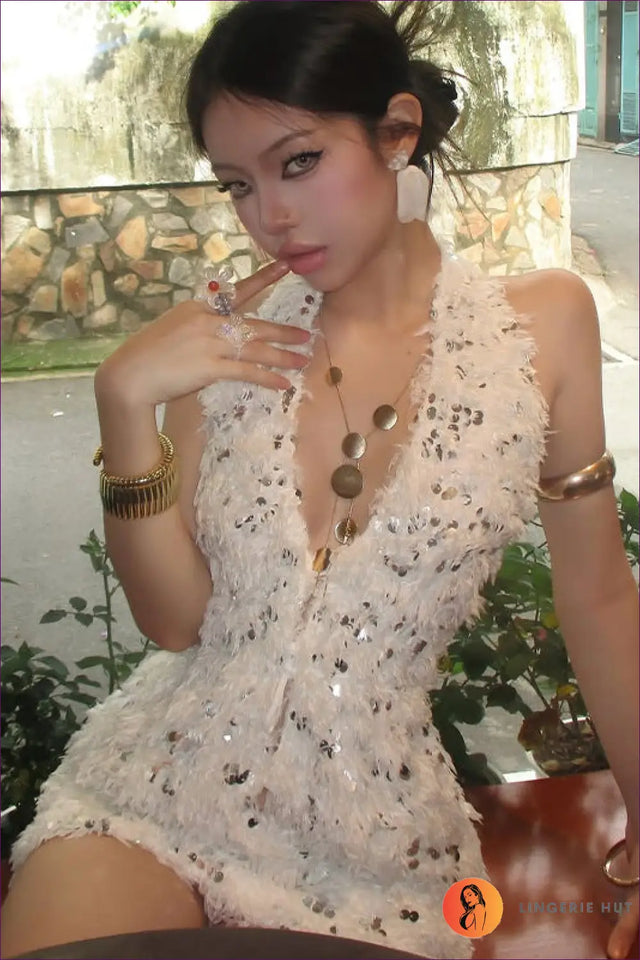 Sequin Feather Mini Dress with Halter Neck - Glamour