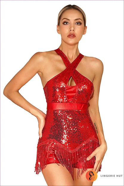 Sequin Fringe Dance Bodysuit - the one They’ll Ask About - Red / s - Lingerie Hut - Activewear • Backless • Clubwear