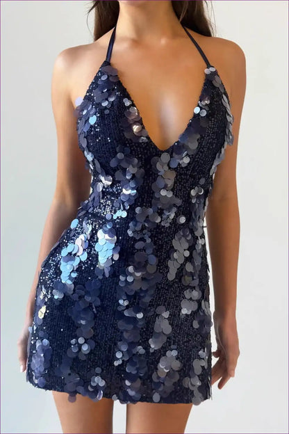 Sequin Halter Mini Dress with Deep v - Nightclub Party Glam for Backless, Bodycon, Clubwear, Halter,