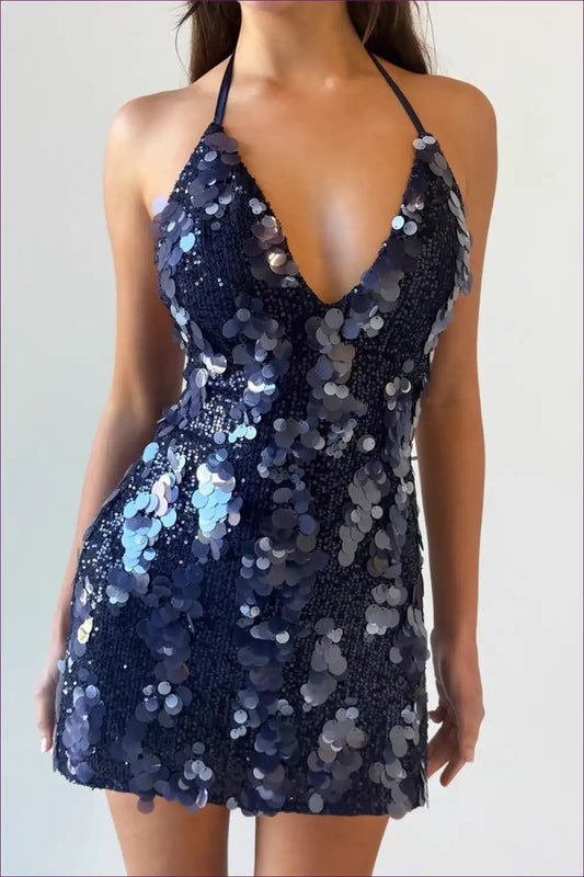 Sequin Halter Mini Dress with Deep v - Nightclub Party Glam for Backless, Bodycon, Clubwear, Halter,
