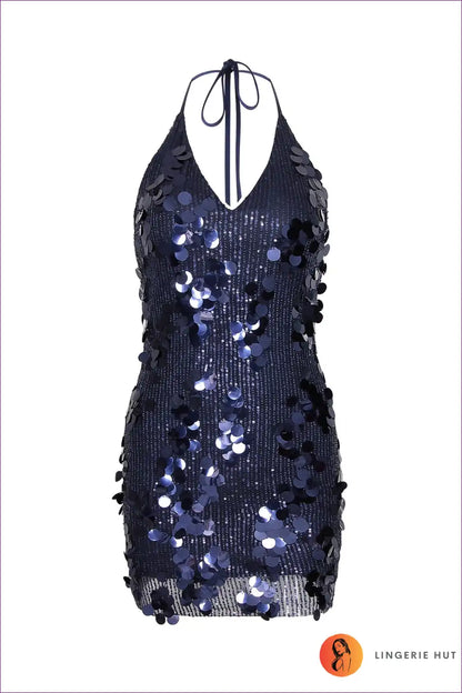 Sequin Halter Mini Dress with Deep v - Nightclub Party Glam for Backless, Bodycon, Clubwear, Halter,