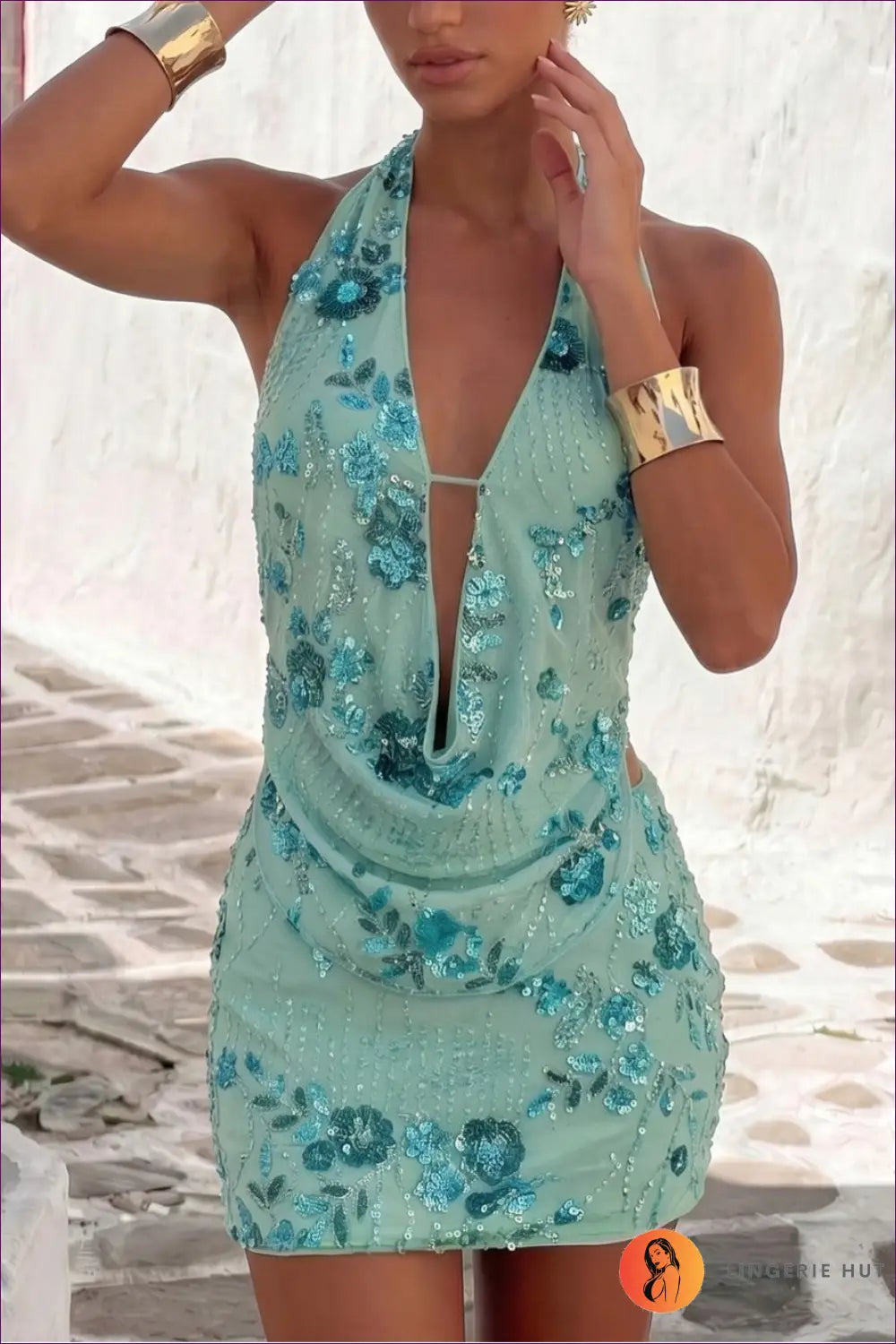 Sequin Halter Mini Dress with Floral Draped Bust - Riviera Nights - Date Night • Dresses • Glamour • just in - Lingerie