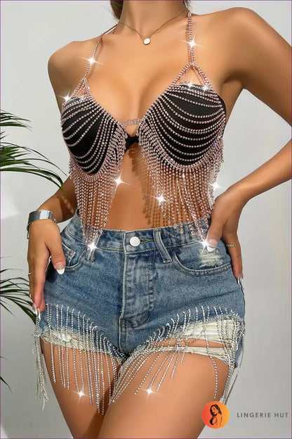 Shimmer & Stun In Our Sequin Halter Tank! Illuminate The Night With a Dazzling Chest Chain, Perfect For