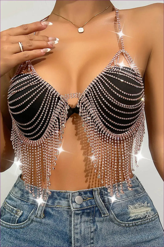 Shimmer & Stun In Our Sequin Halter Tank! Illuminate The Night With a Dazzling Chest Chain, Perfect For