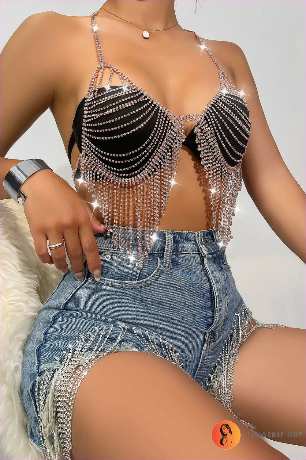 Shimmer & Stun In Our Sequin Halter Tank! Illuminate The Night With a Dazzling Chest Chain, Perfect For