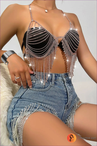 Shimmer & Stun In Our Sequin Halter Tank! Illuminate The Night With a Dazzling Chest Chain, Perfect For
