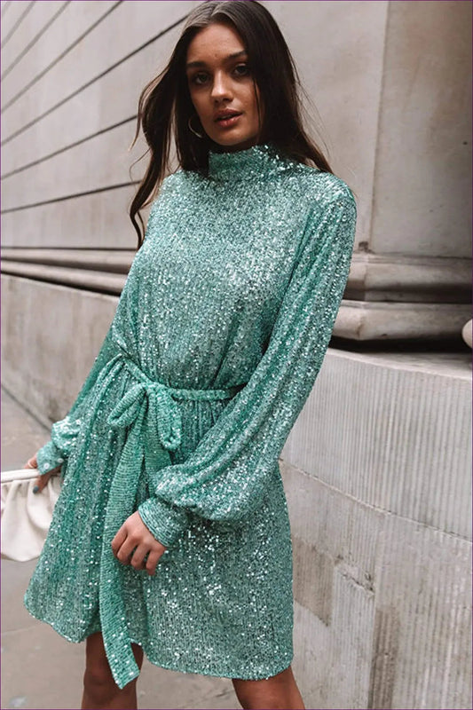 Turn Heads In This Sequin High-neck Mini Dress, Complete With a Gilded Belt And Long Sleeves. The Epitome