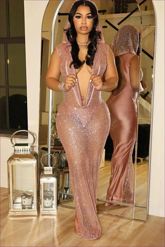Sequin Hooded Maxi Dress - Worth a Second Look - Dresses - Lingerie Hut - All Season • Backless • Clubwear • Evening