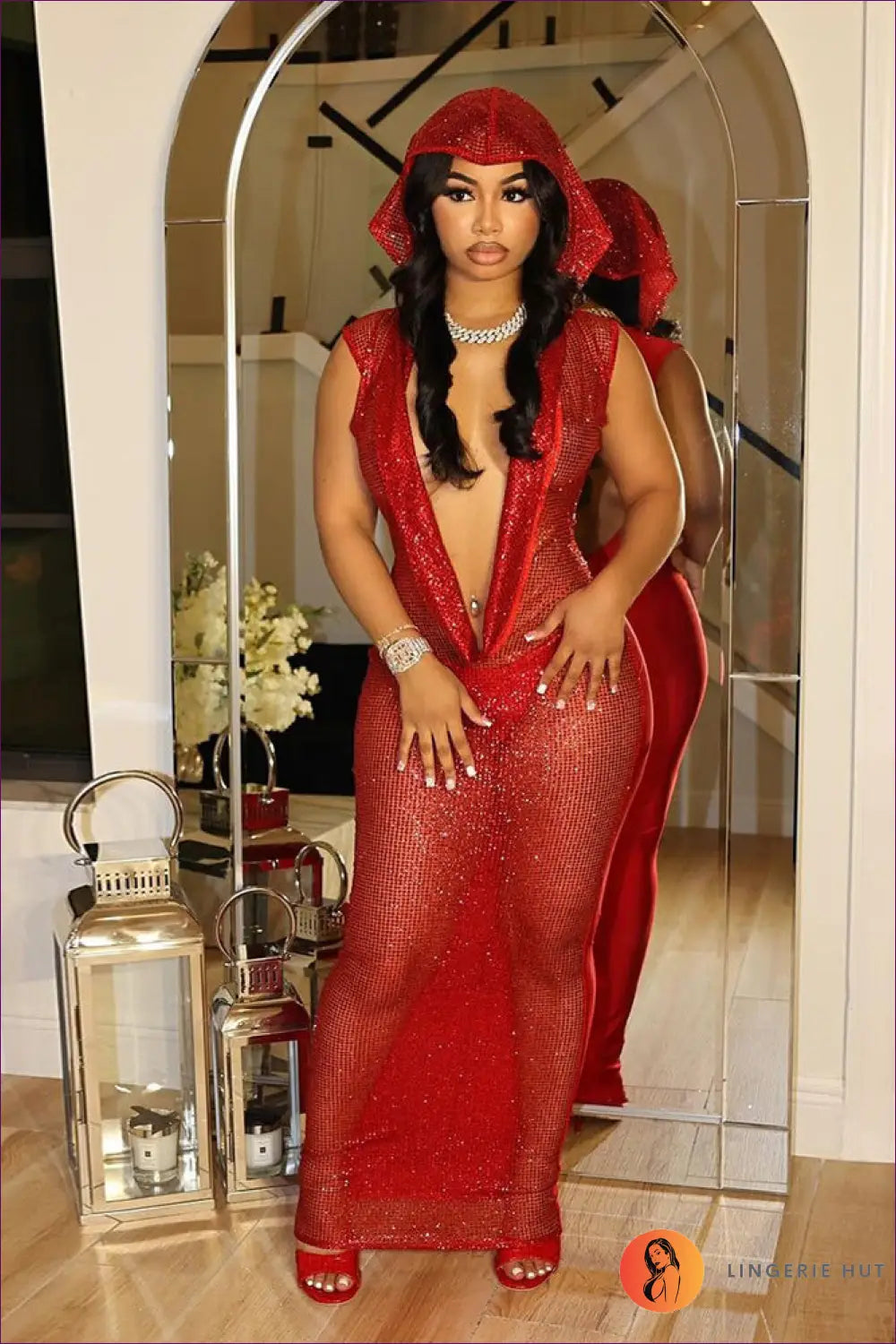 Sequin Hooded Maxi Dress - Worth a Second Look - s / Red - Dresses - Backless • Clothing • Glamour • Night