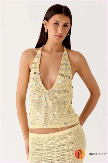Sequin Knit Maxi Dress with Halter Neckline - Golden Hour Glamour - s / Set - Mangar