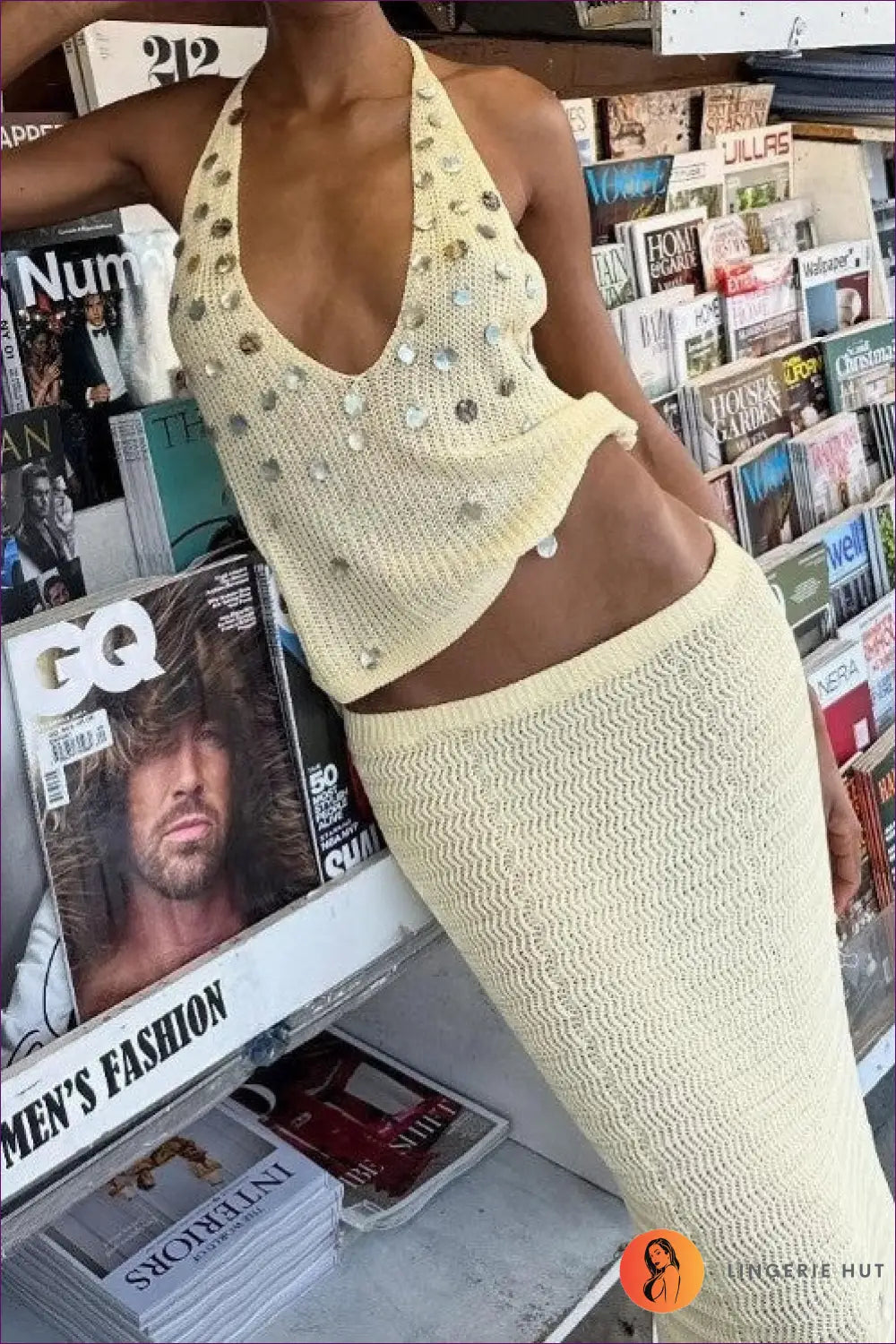 Sequin Knit Maxi Dress with Halter Neckline - Golden Hour Glamour - Mangar