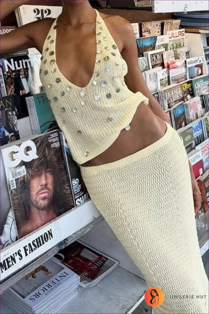 Sequin Knit Maxi Dress with Halter Neckline - Golden Hour Glamour - Mangar