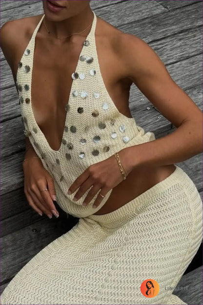 Sequin Knit Maxi Dress with Halter Neckline - Golden Hour Glamour - s / Skirt - Mangar