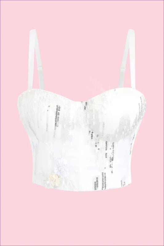 Sequin Lace Corset Top with Adjustable Straps - Bridal Romance for Bridal, Crop, Evening Wear, Floral, Formal