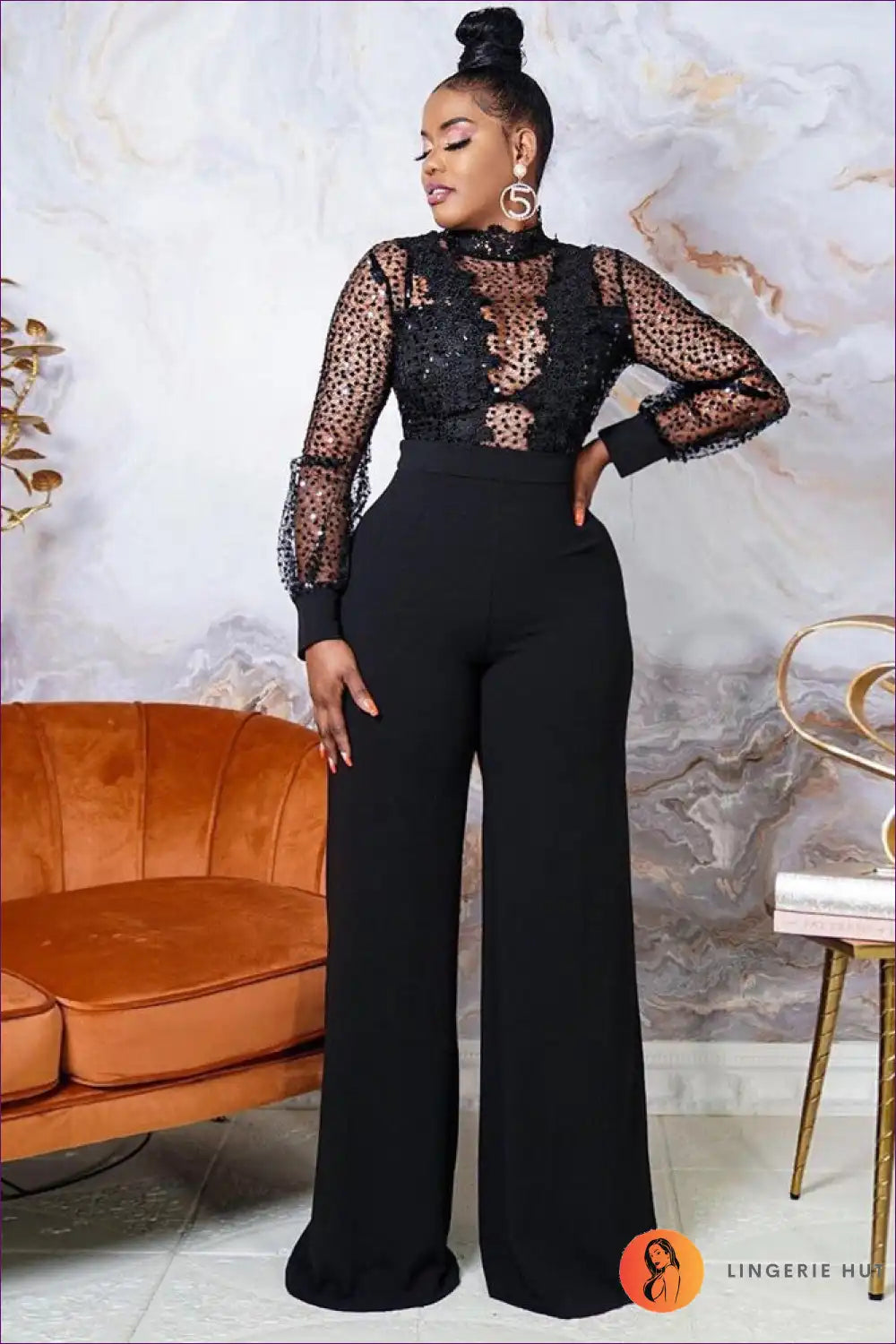 Turn Heads At Any Party With Our Sequin Lace Jumpsuit. Featuring a Turtleneck And Sheer Long Sleeves, This