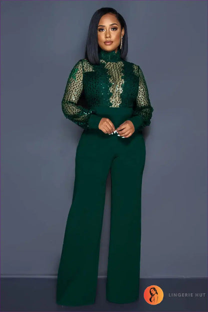 Turn Heads At Any Party With Our Sequin Lace Jumpsuit. Featuring a Turtleneck And Sheer Long Sleeves, This