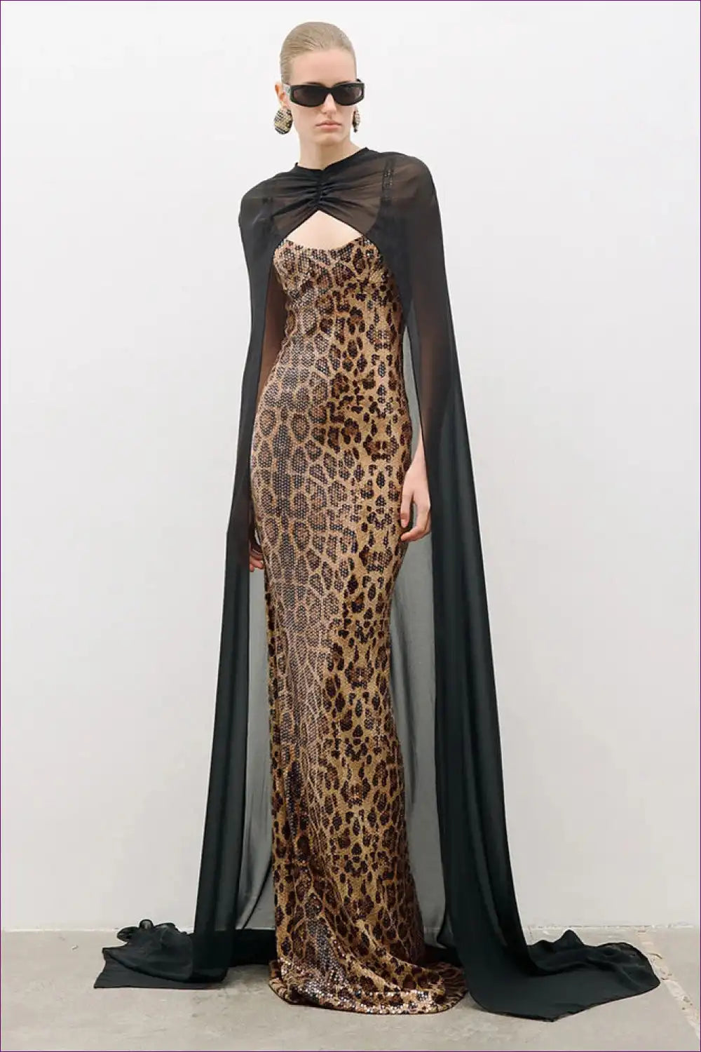 Sequin Leopard Cami with Chiffon Cape Overlay