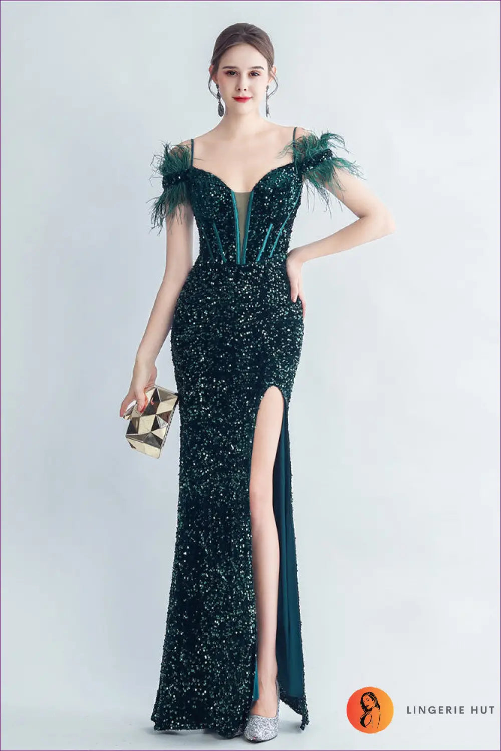 Sequin Maxi Dress - Corset Bodice Feather Straps - s / Blackish Green - Bodycon • Cutout • Elegant - Yenyu