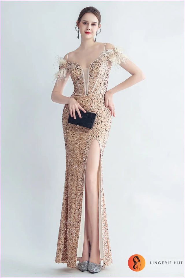 Sequin Maxi Dress - Corset Bodice Feather Straps