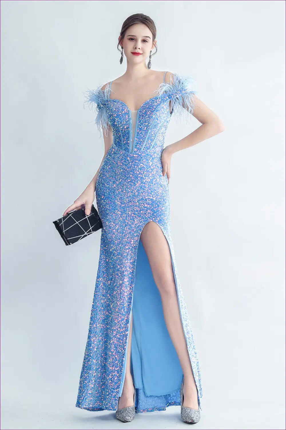 Sequin Maxi Dress - Corset Bodice Feather Straps - Bodycon • Cutout • Elegant - Yenyu