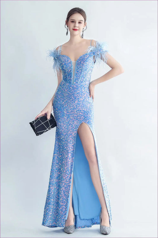 Sequin Maxi Dress - Corset Bodice Feather Straps - Bodycon • Cutout • Elegant - Yenyu
