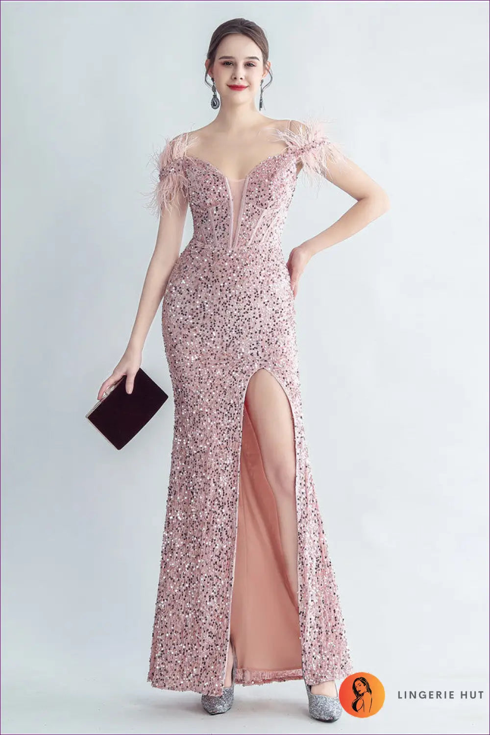 Sequin Maxi Dress - Corset Bodice Feather Straps - s / Pink - Bodycon • Cutout • Elegant - Yenyu