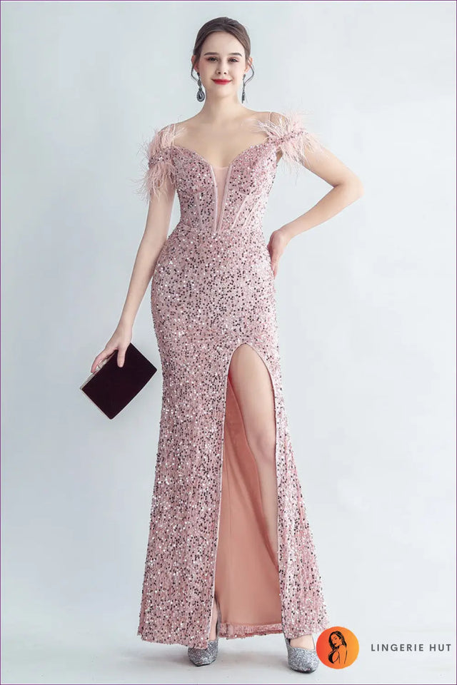 Sequin Maxi Dress - Corset Bodice Feather Straps