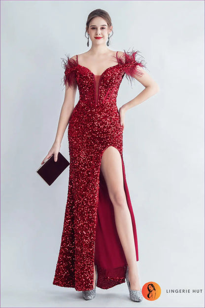 Sequin Maxi Dress - Corset Bodice Feather Straps - s / Burgundy - Bodycon • Cutout • Elegant - Yenyu
