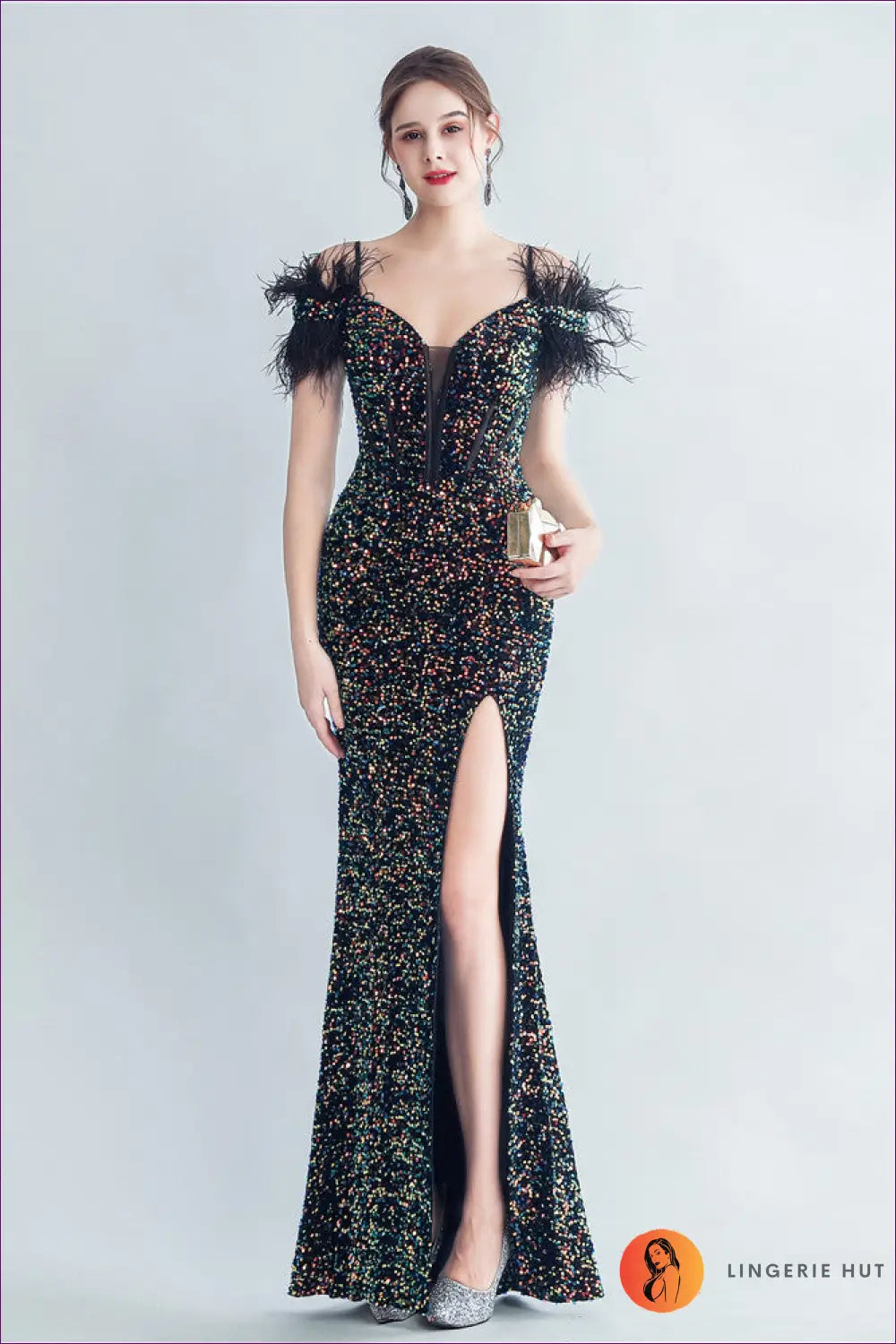 Sequin Maxi Dress - Corset Bodice Feather Straps - s / Symphony Black - Bodycon • Cutout • Elegant - Yenyu