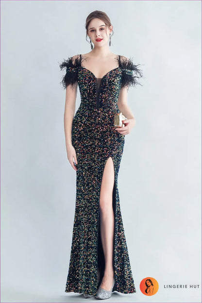 Sequin Maxi Dress - Corset Bodice Feather Straps - s / Symphony Black - Bodycon • Cutout • Elegant - Yenyu