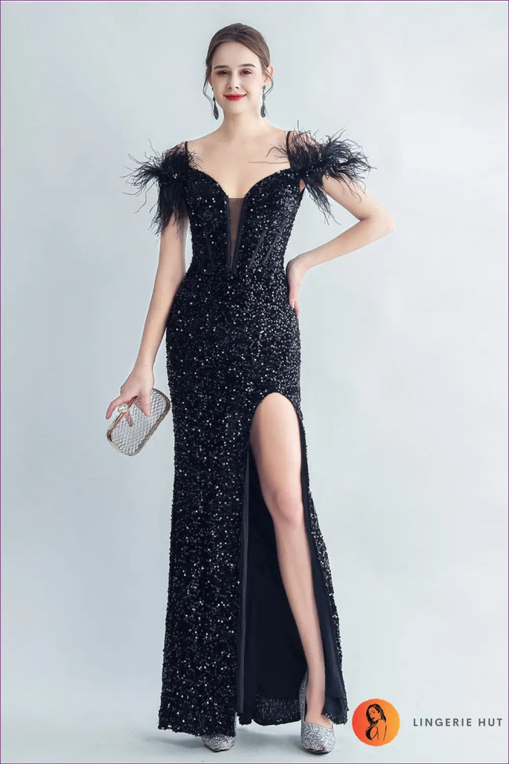 Sequin Maxi Dress - Corset Bodice Feather Straps - s / Sky Blue - Bodycon • Cutout • Elegant - Yenyu