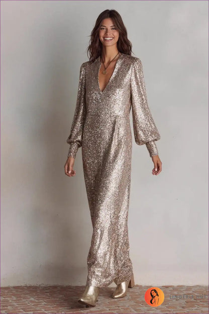 Sequin Maxi Dress with Deep V-neck - Glamorous Nights for Autumn, Bodycon, Dress, Evening Wear, Formal Wear