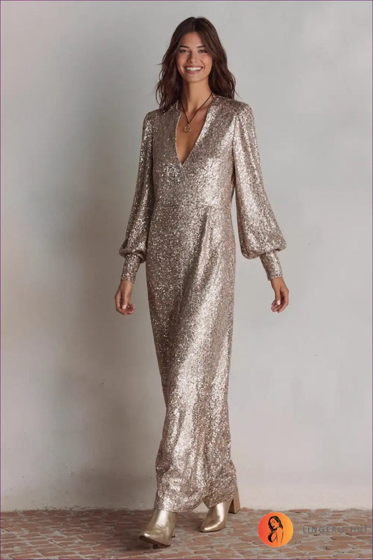 Sequin Maxi Dress with Deep V-neck - Glamorous Nights for Autumn, Bodycon, Dress, Evening Wear, Formal Wear