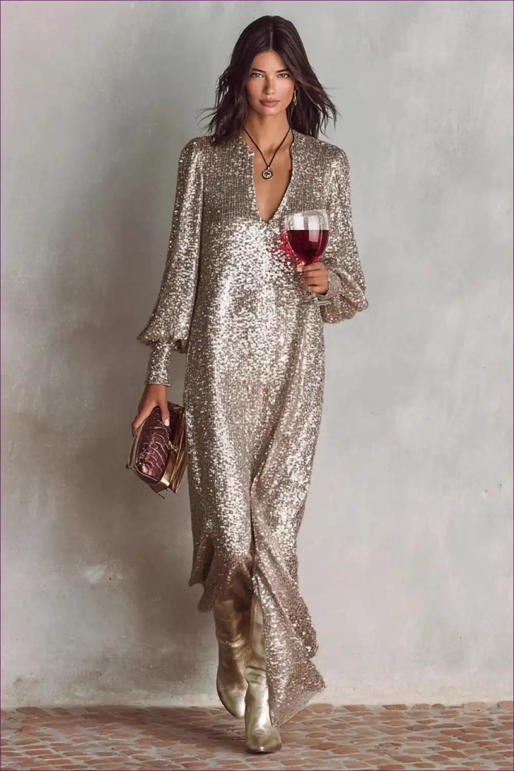 Sequin Maxi Dress with Deep V-neck - Glamorous Nights for Autumn, Bodycon, Dress, Evening Wear, Formal Wear