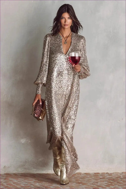 Sequin Maxi Dress with Deep V-neck - Glamorous Nights for Autumn, Bodycon, Dress, Evening Wear, Formal Wear