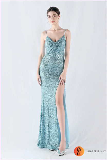 Sequin Maxi Dress with Slit - Understated Glamour - s / Sky Blue - Dresses - Lingerie Hut - All Season • Cutout • Date