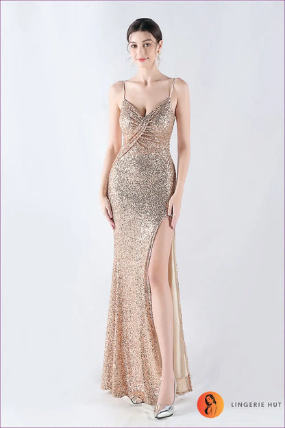 Sequin Maxi Dress with Slit - Understated Glamour - s / Gold - Dresses - Lingerie Hut - All Season • Cutout • Date