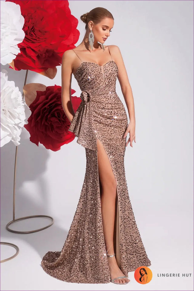 Sequin Maxi Dress with Sweetheart Neck and High Slit - Luxe Evening Spark