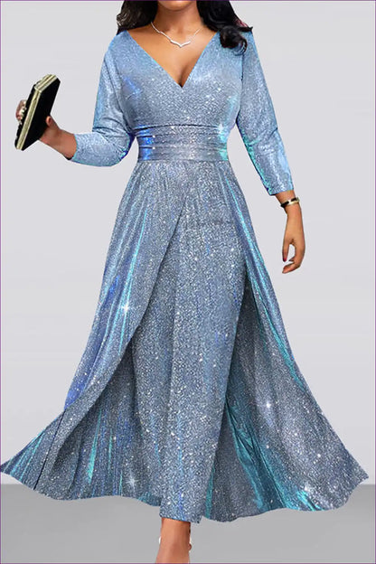 Sequin Maxi Dress with V-neck and Long Sleeves - Glam Party Style for A-line, Evening Wear, Formal Glamour,