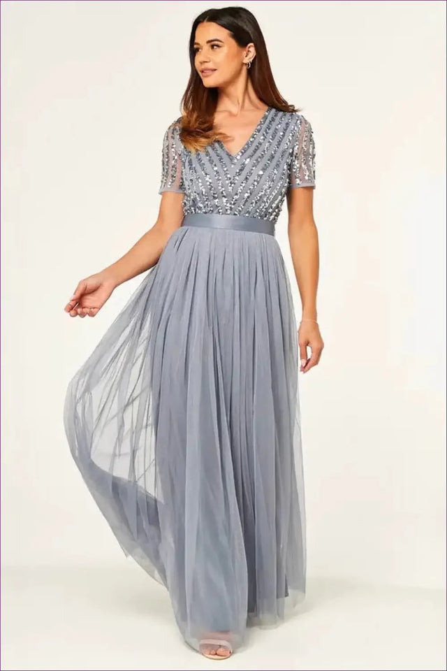 Sequin Maxi Dress with V Neck and Swing Skirt - Evening Elegance