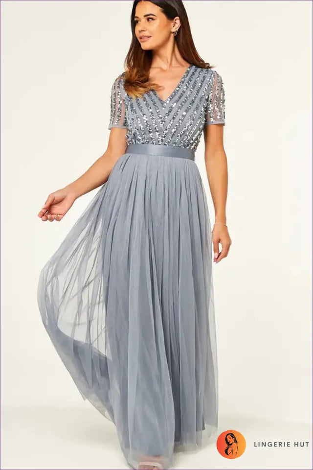 Sequin Maxi Dress with V Neck and Swing Skirt - Evening Elegance