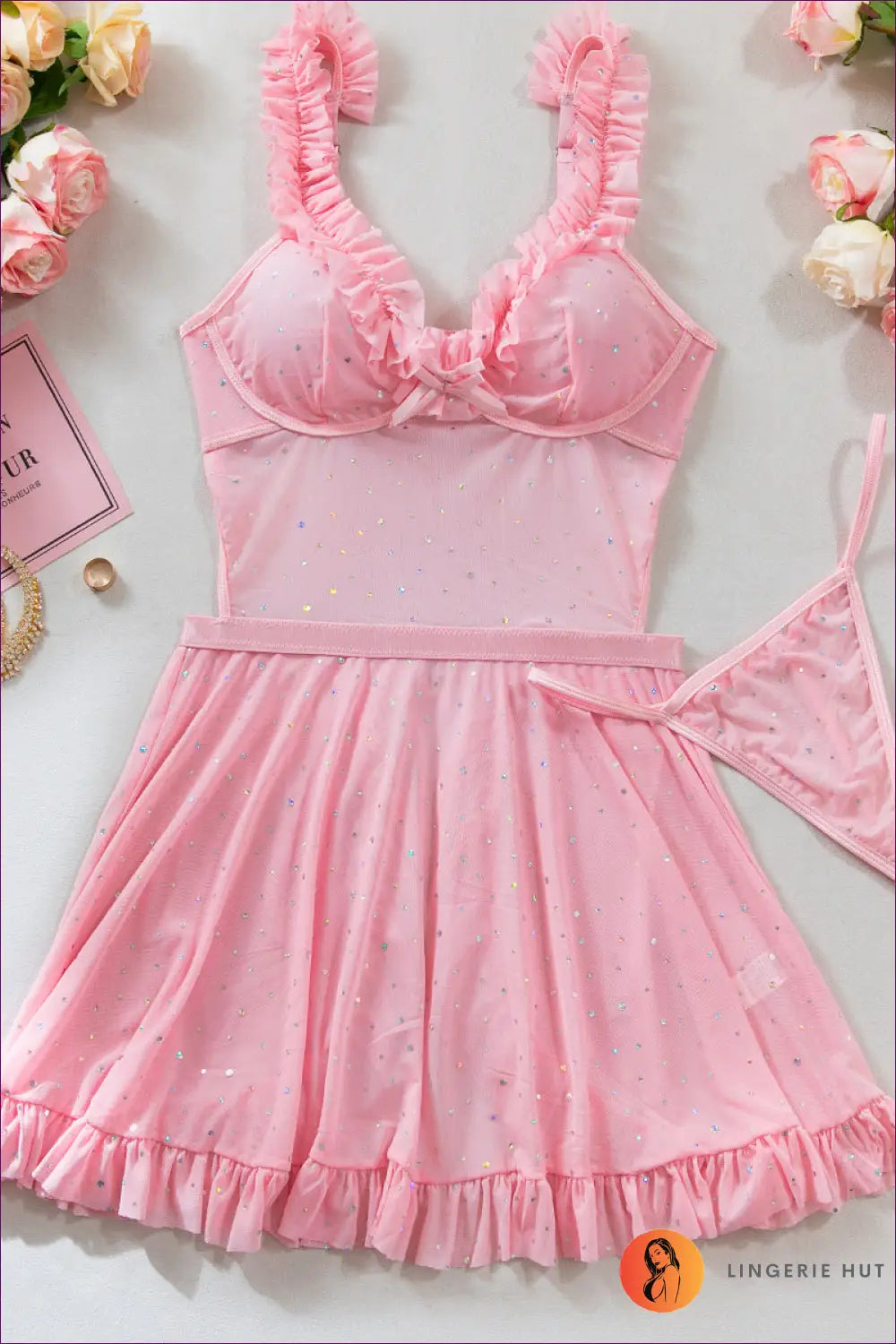 Sequin Mesh Babydoll with Lace Details - Evening Glamour - s / Pink - Lace • Lingerie • Hut